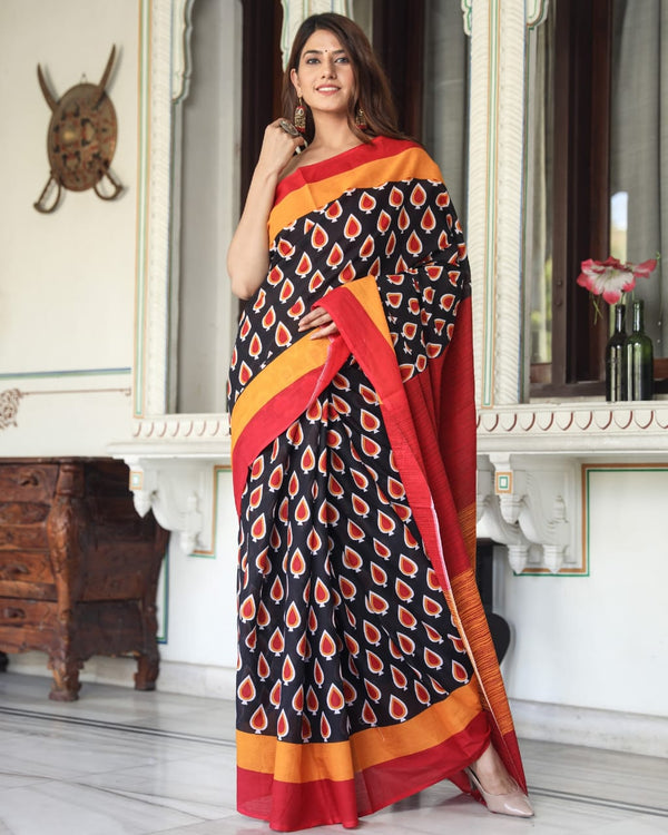 Pure Hand Printed Cotton Sarees With Blouse