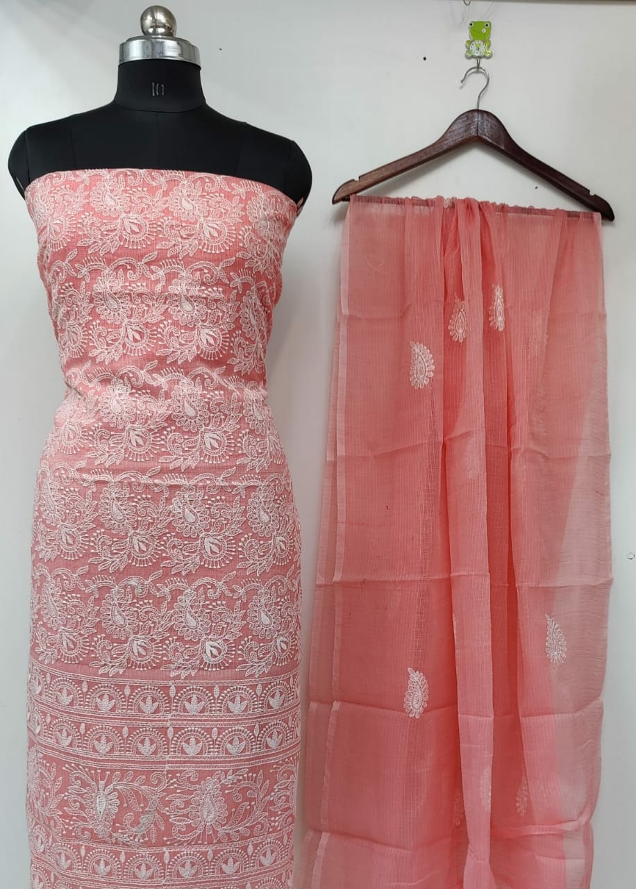 Pure Kota Doriya Embroidery Unstitched Suit With Dupatta (Without Bottom )