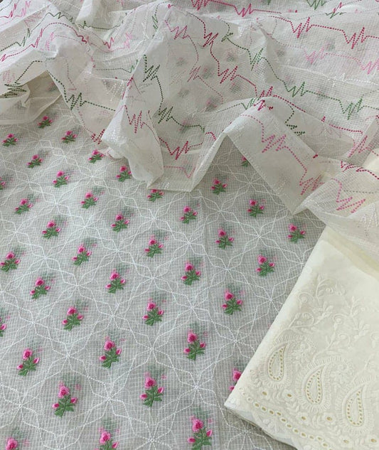 Pure Kota Doriya Embroidery Work Unstitched Suit With Chikankari Bottom.