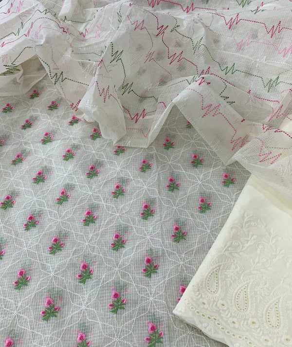 Pure Kota Doriya Embroidery Work Unstitched Suit With Chikankari Bottom.