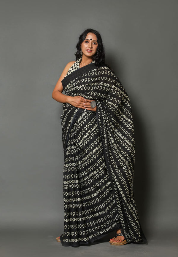 Pure Hand Printed Cotton Sarees With Blouse