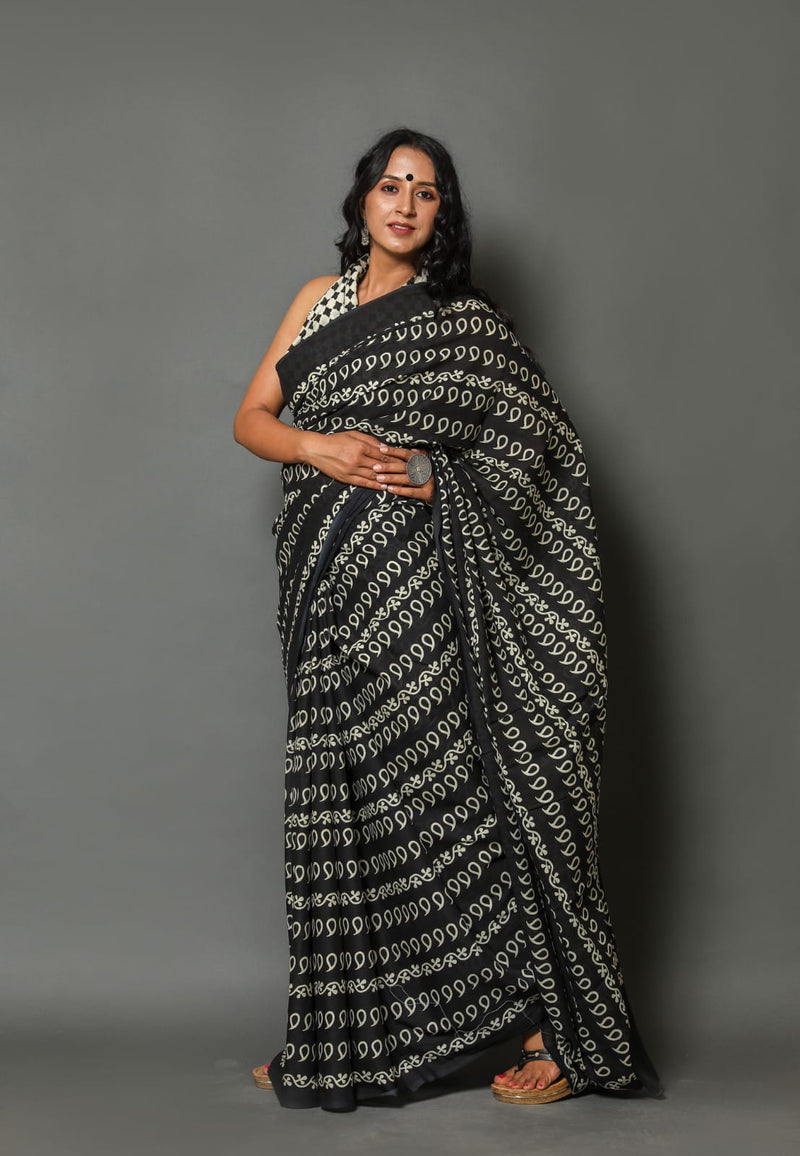 Pure Hand Printed Cotton Sarees With Blouse