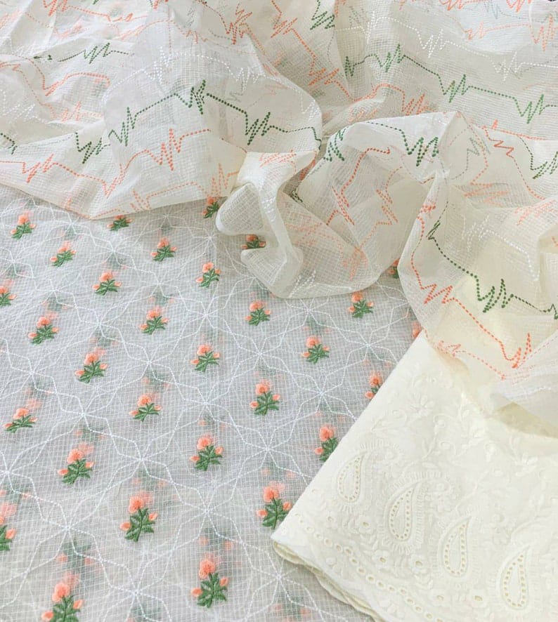 Pure Kota Doriya Embroidery Work Unstitched Suit With Chikankari Bottom.