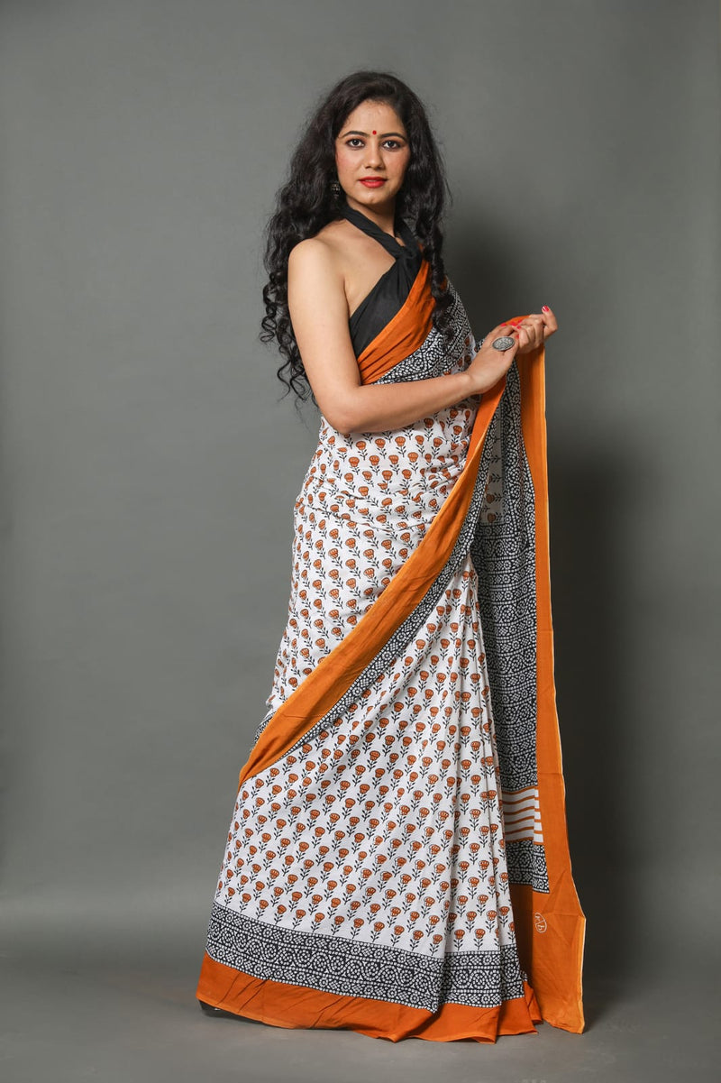 Pure Hand Printed Cotton Sarees With Blouse