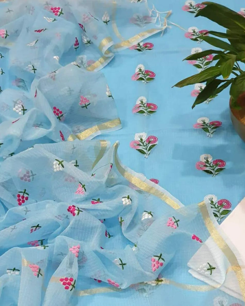 Pure Kota Doriya Embroidery Work Unstitched Suit With Chikankari Bottom.