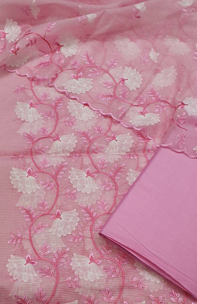 Pure  Kota Doriya Embroidery Unstitched Suit With Dupatta (With Bottom )