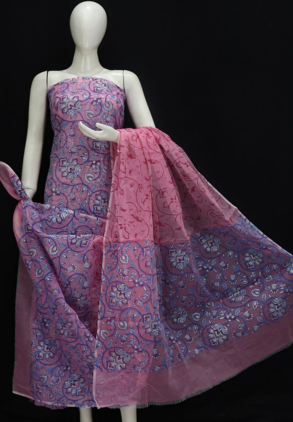 Pure Cotton Kota Doriya Hand Block Print Unstitched Suit With Dupatta (Without Bottom )