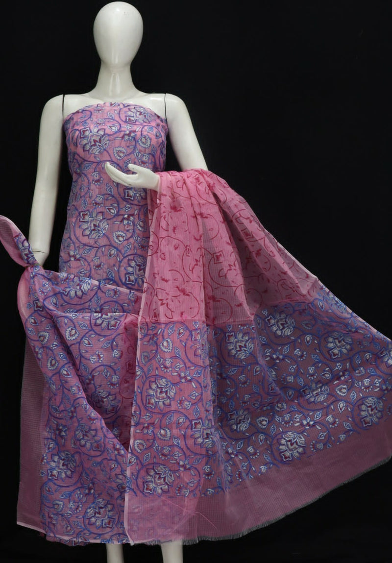 Pure Cotton Kota Doriya Hand Block Print Unstitched Suit With Dupatta (Without Bottom )