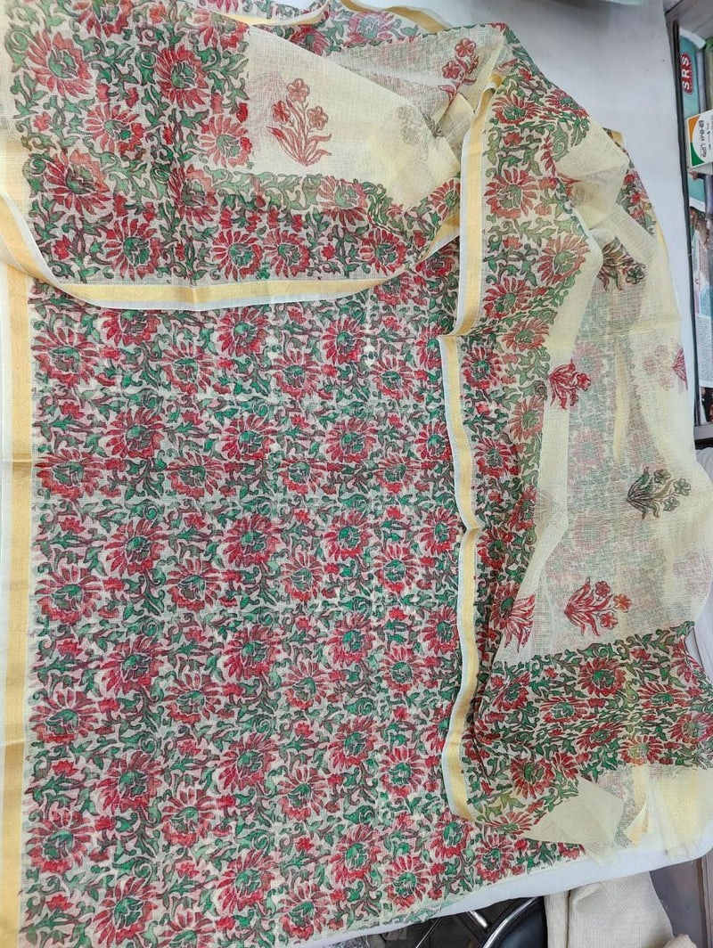 Pure Kota Doriya Hand Block Print Unstitched Suit With Dupatta (Without Bottom )