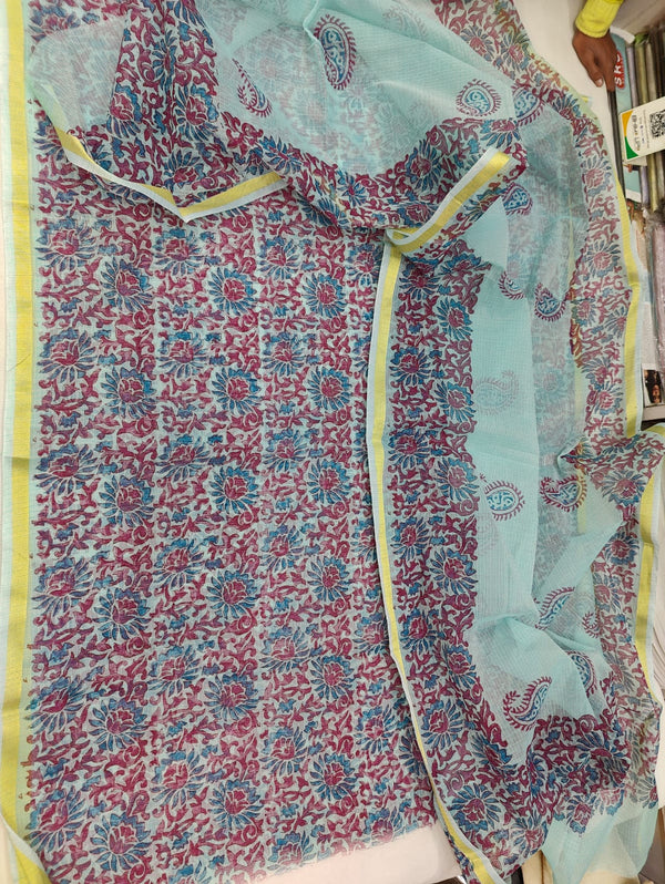 Pure Kota Doriya Hand Block Print Unstitched Suit With Dupatta (Without Bottom )