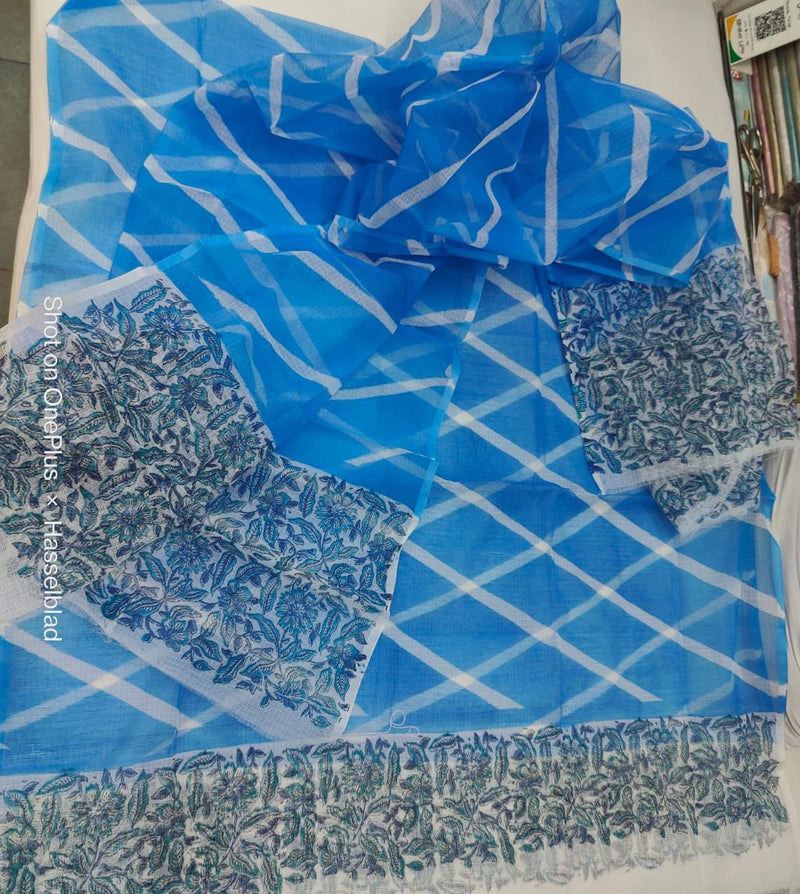 Pure Kota Doriya Lehriya With Hand Block Print Unstitched Suit With Dupatta (Without Bottom )