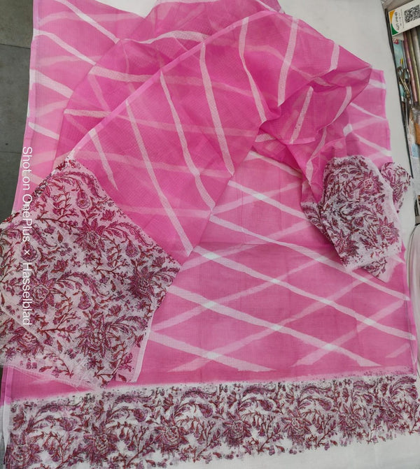 Pure Kota Doriya Lehriya With Hand Block Print Unstitched Suit With Dupatta (Without Bottom )