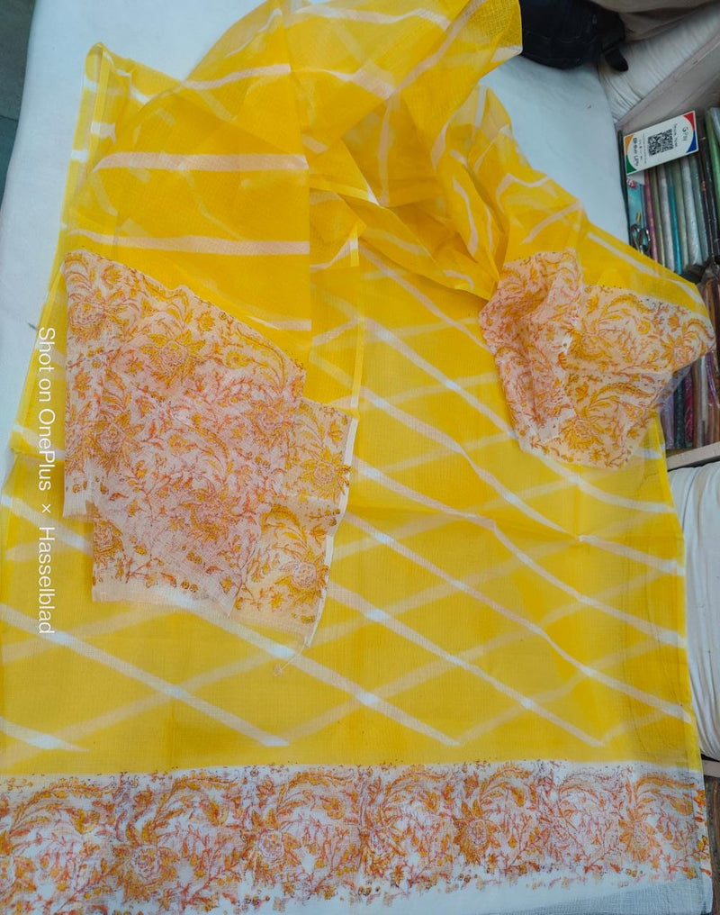 Pure Kota Doriya Lehriya With Hand Block Print Unstitched Suit With Dupatta (Without Bottom )