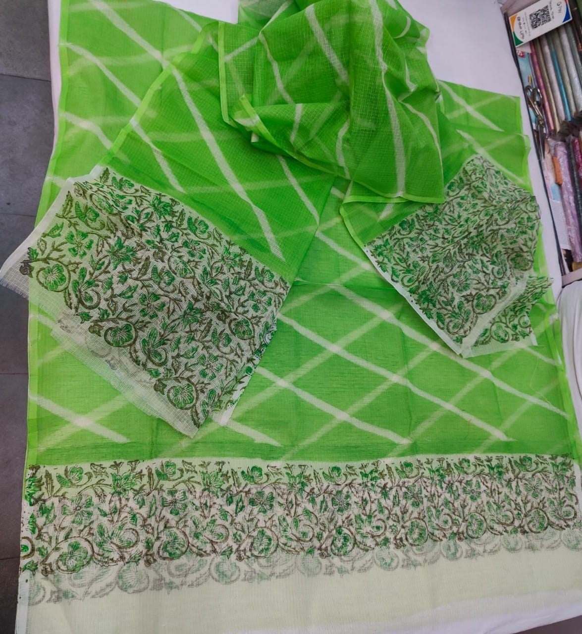 Pure Kota Doriya Lehriya With Hand Block Print Unstitched Suit With Dupatta (Without Bottom )