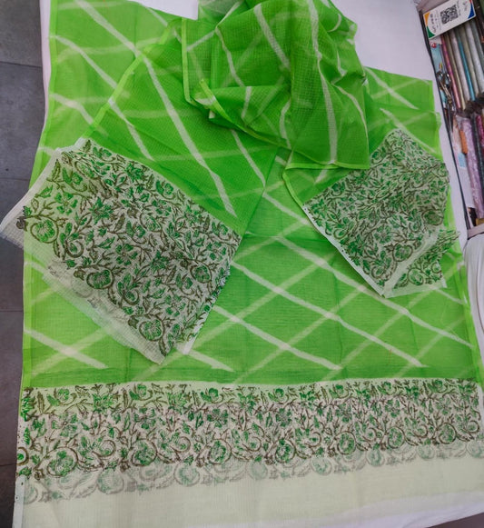 Pure Kota Doriya Lehriya With Hand Block Print Unstitched Suit With Dupatta (Without Bottom )