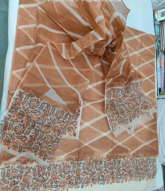 Pure Kota Doriya Lehriya With Hand Block Print Unstitched Suit With Dupatta (Without Bottom )