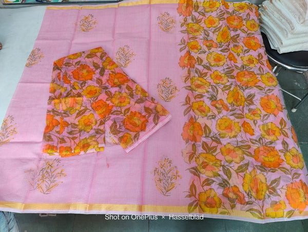 Pure Kota Doriya Hand Block Print Unstitched Suit With Dupatta (Without Bottom )