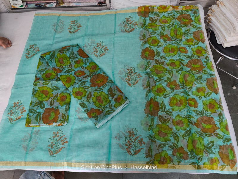 Pure Kota Doriya Hand Block Print Unstitched Suit With Dupatta (Without Bottom )