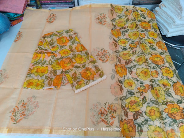 Pure Kota Doriya Hand Block Print Unstitched Suit With Dupatta (Without Bottom )