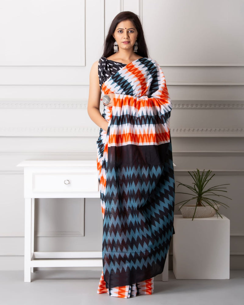 Pure Hand Printed Cotton Sarees With Blouse